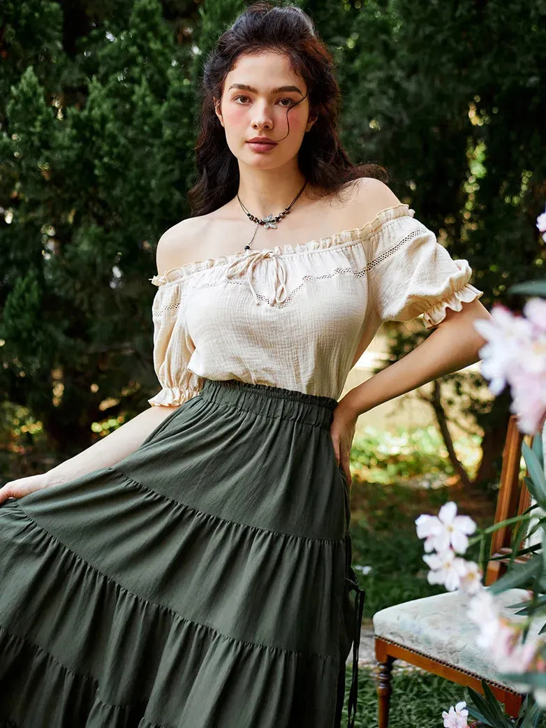 Renaissance Cotton Crew Neck Off Shoulder Lace-up Tops