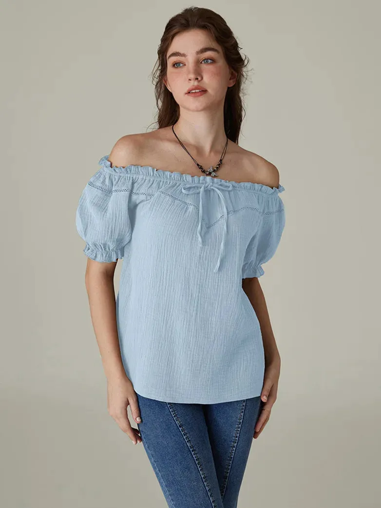 Renaissance Cotton Crew Neck Off Shoulder Lace-up Tops