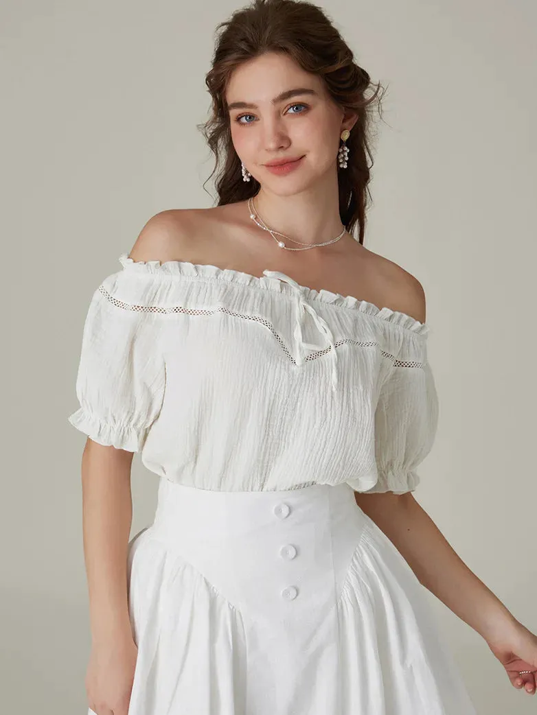 Renaissance Cotton Crew Neck Off Shoulder Lace-up Tops