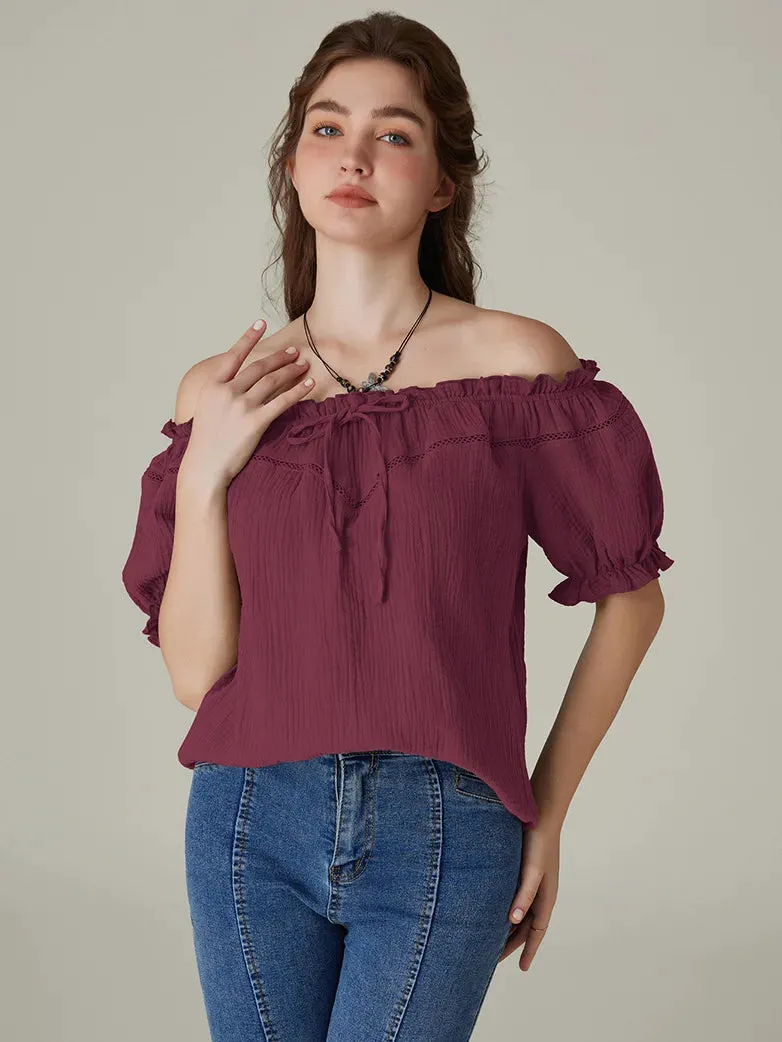 Renaissance Cotton Crew Neck Off Shoulder Lace-up Tops