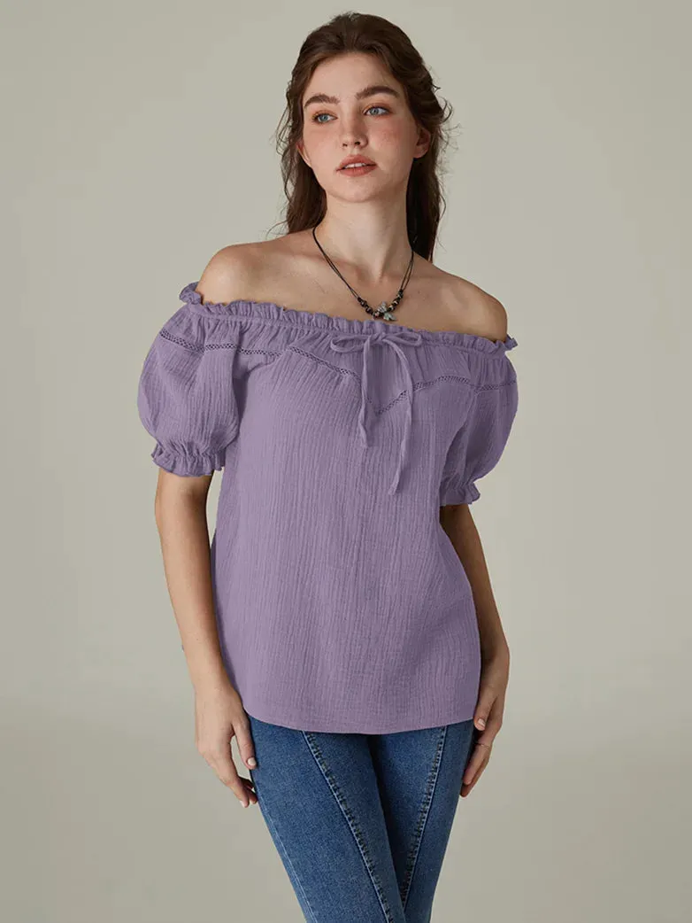 Renaissance Cotton Crew Neck Off Shoulder Lace-up Tops