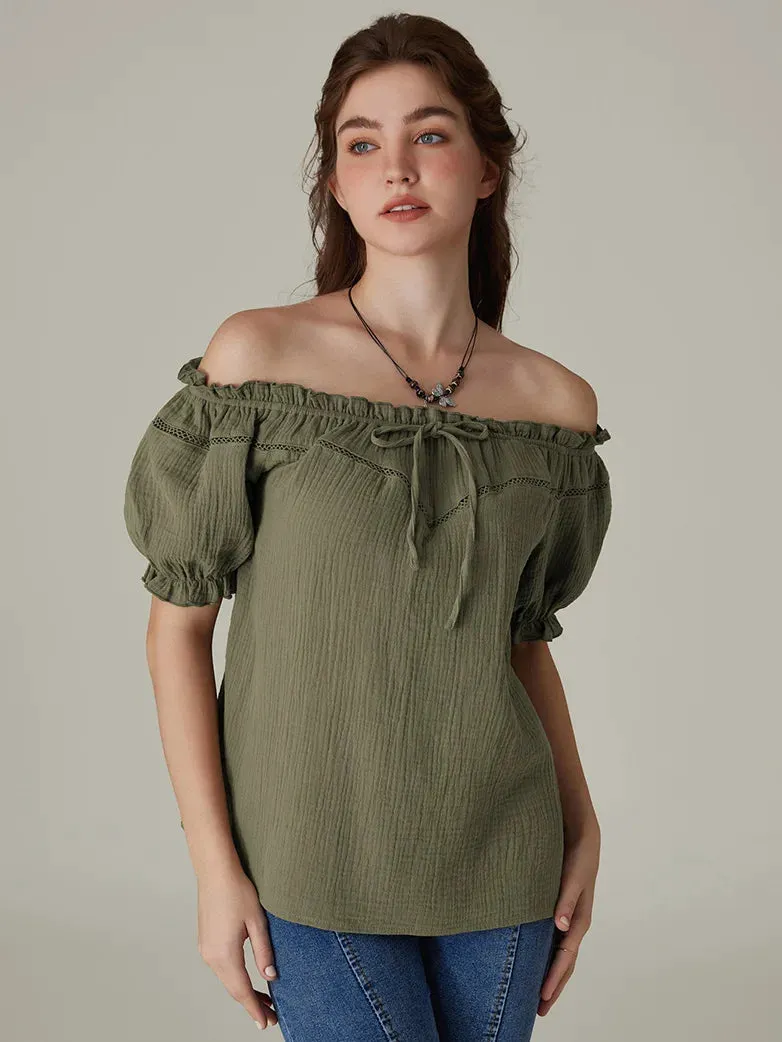 Renaissance Cotton Crew Neck Off Shoulder Lace-up Tops