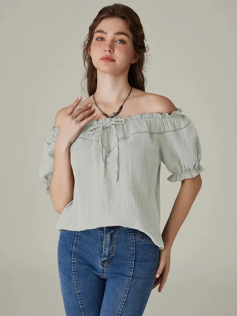 Renaissance Cotton Crew Neck Off Shoulder Lace-up Tops