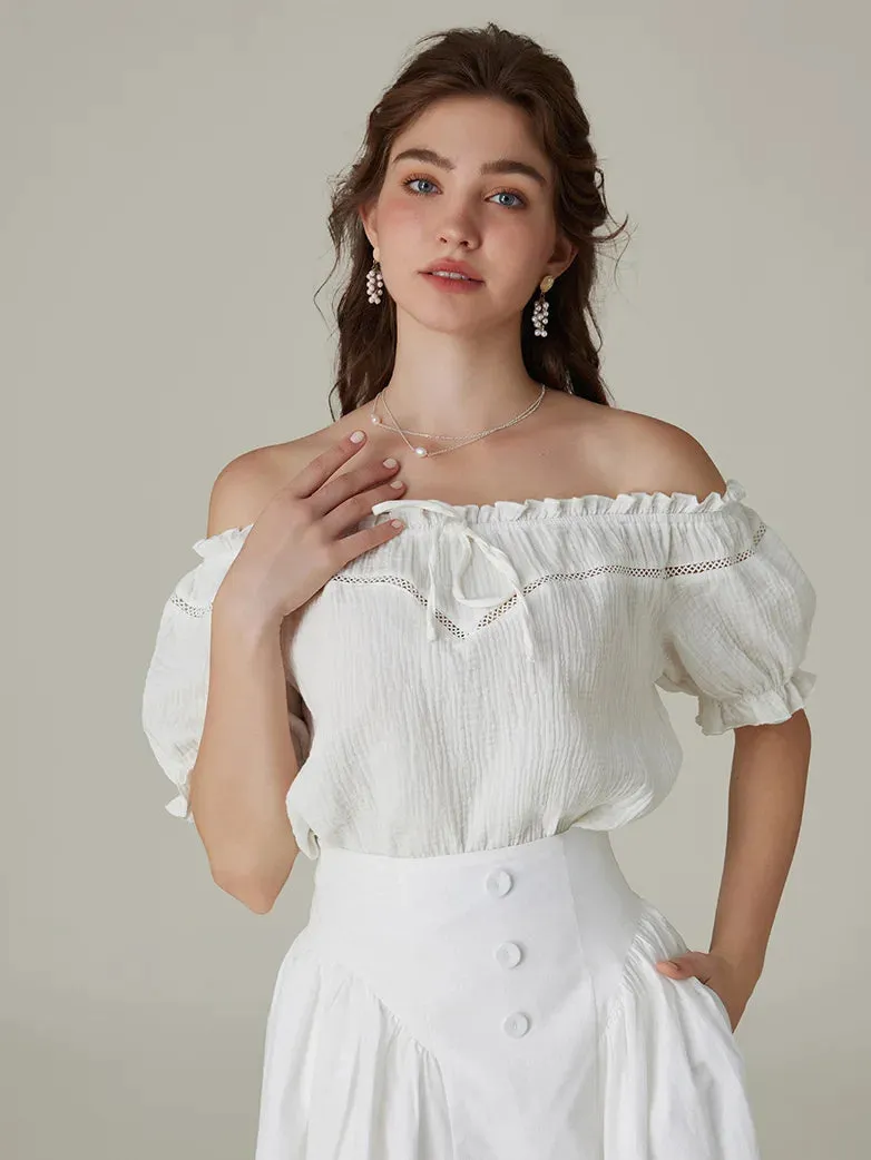 Renaissance Cotton Crew Neck Off Shoulder Lace-up Tops