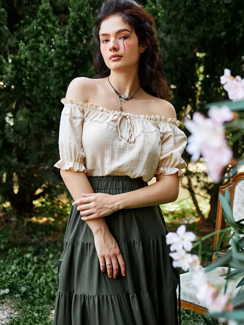 Renaissance Cotton Crew Neck Off Shoulder Lace-up Tops