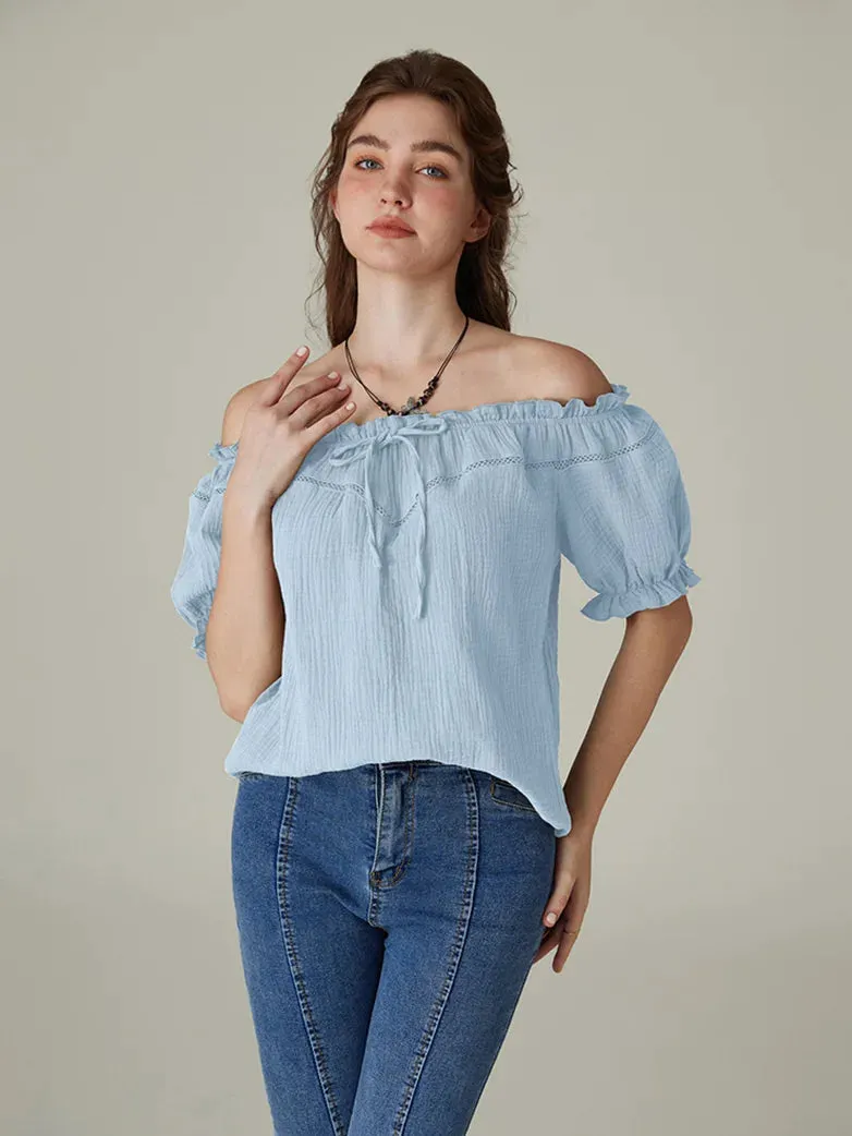 Renaissance Cotton Crew Neck Off Shoulder Lace-up Tops