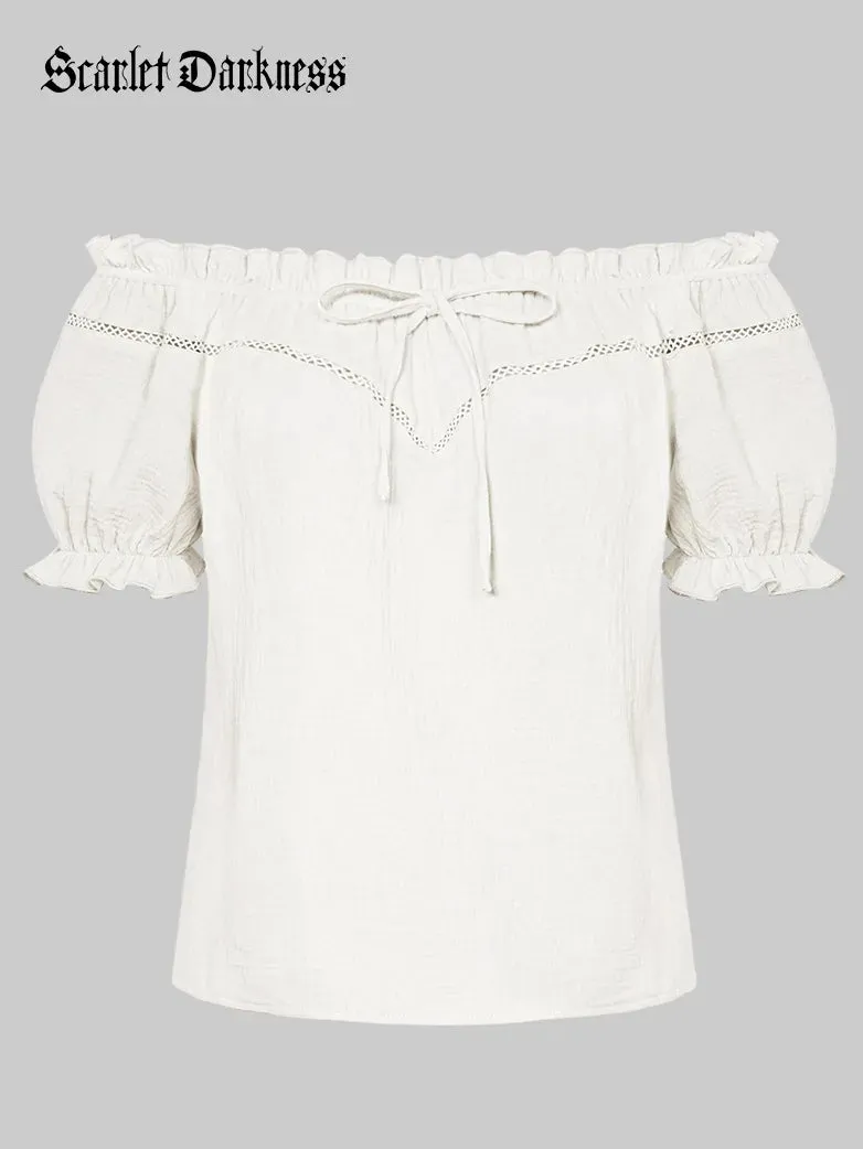 Renaissance Cotton Crew Neck Off Shoulder Lace-up Tops