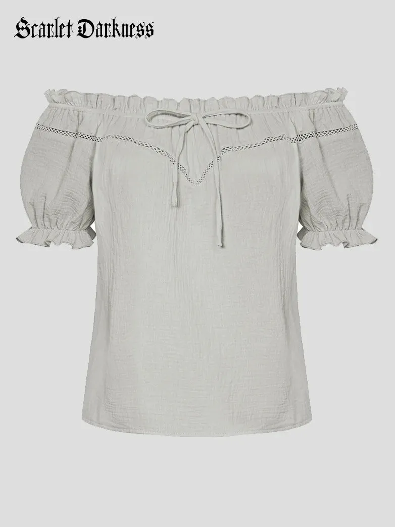 Renaissance Cotton Crew Neck Off Shoulder Lace-up Tops