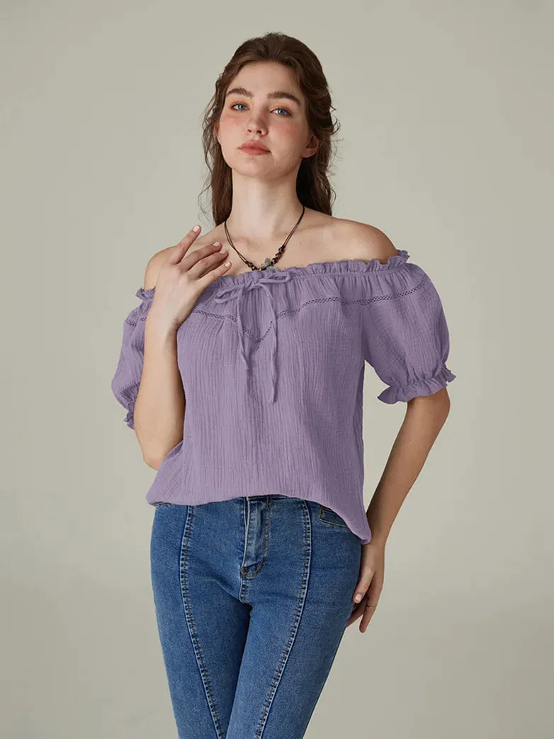 Renaissance Cotton Crew Neck Off Shoulder Lace-up Tops