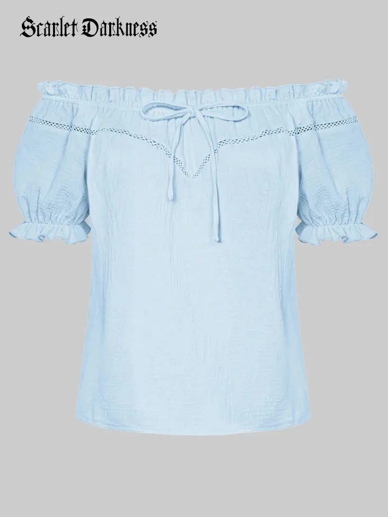 Renaissance Cotton Crew Neck Off Shoulder Lace-up Tops