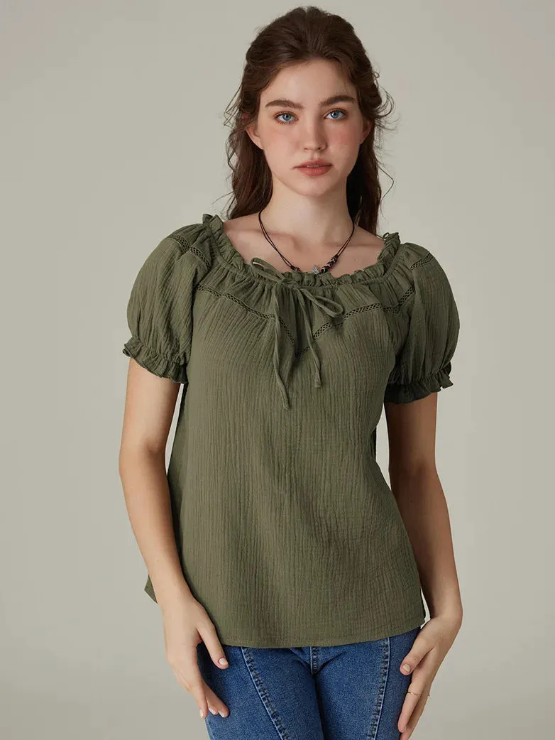 Renaissance Cotton Crew Neck Off Shoulder Lace-up Tops