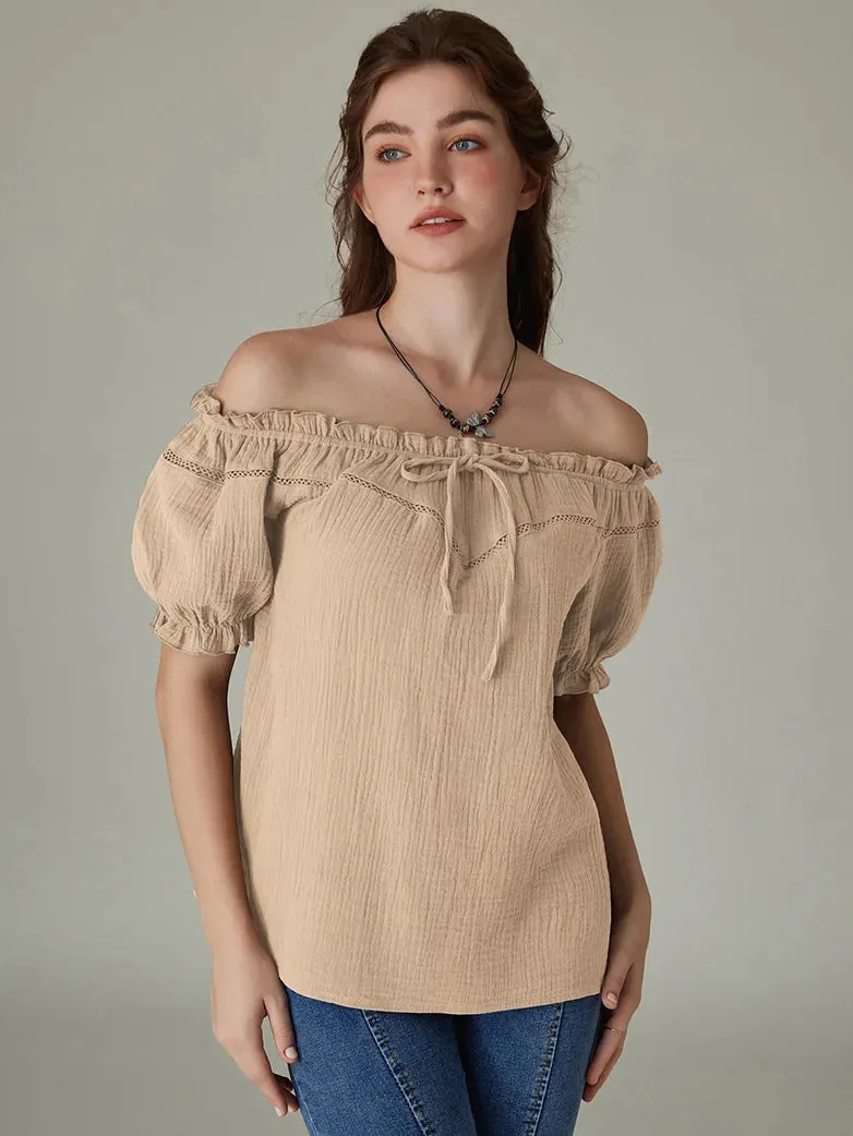 Renaissance Cotton Crew Neck Off Shoulder Lace-up Tops