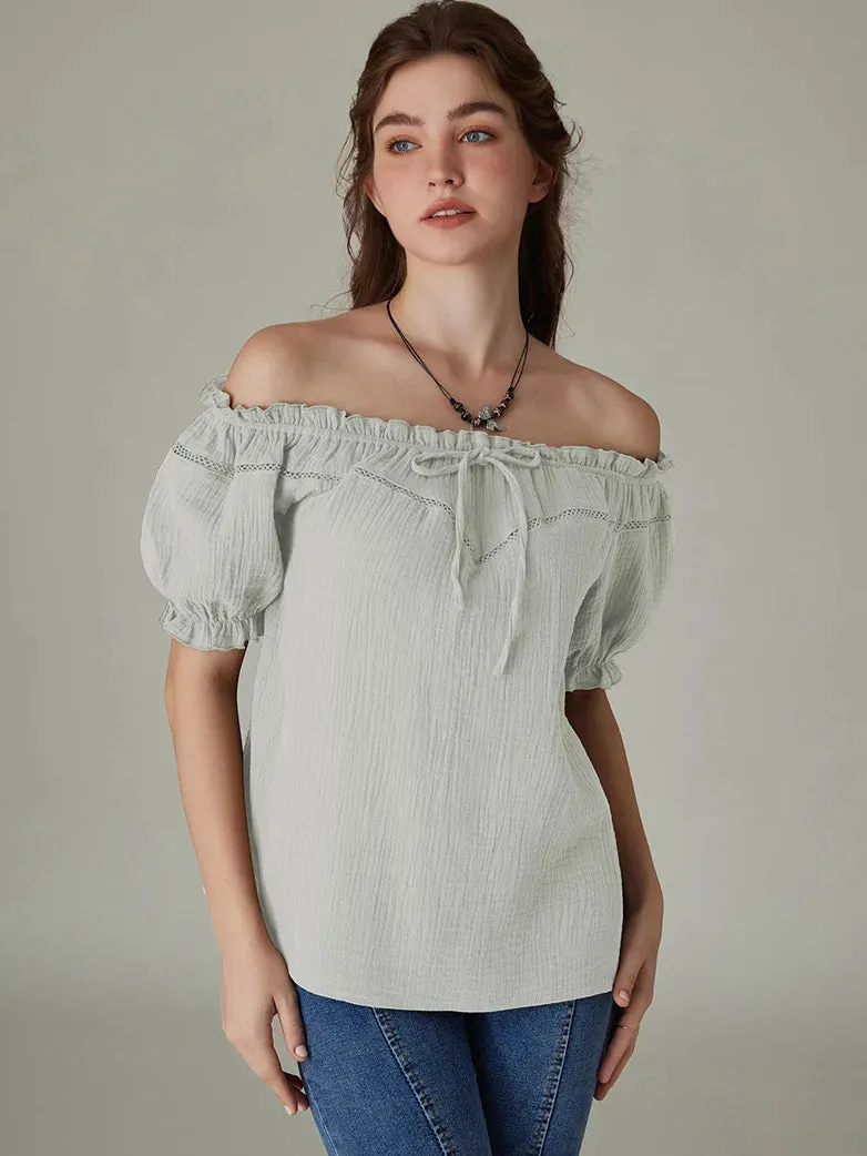 Renaissance Cotton Crew Neck Off Shoulder Lace-up Tops