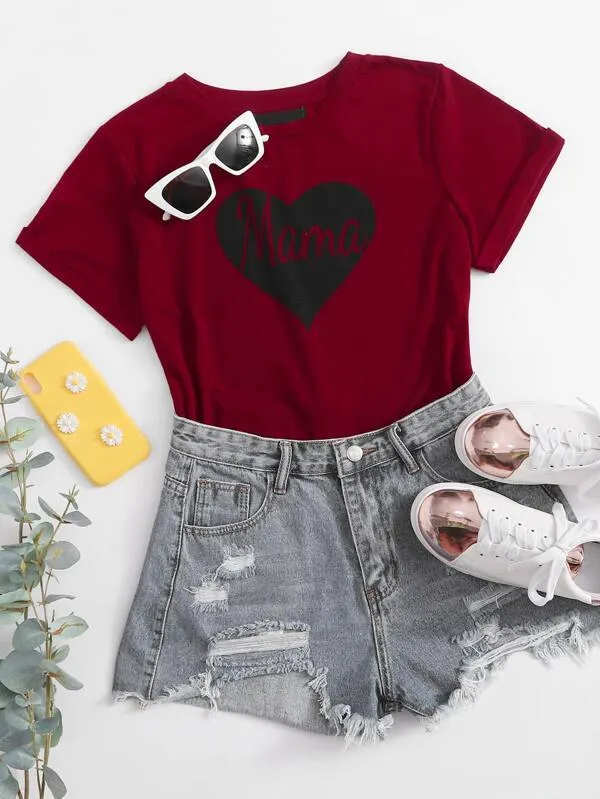 Roll Up Sleeve Heart & Letter Graphic Tee