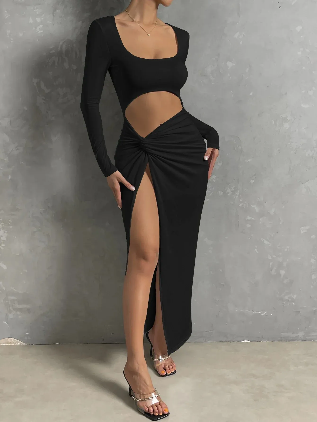 Sexy Square Neck Long High Split Nightclub Wear Hollow Out Cut Out Dress