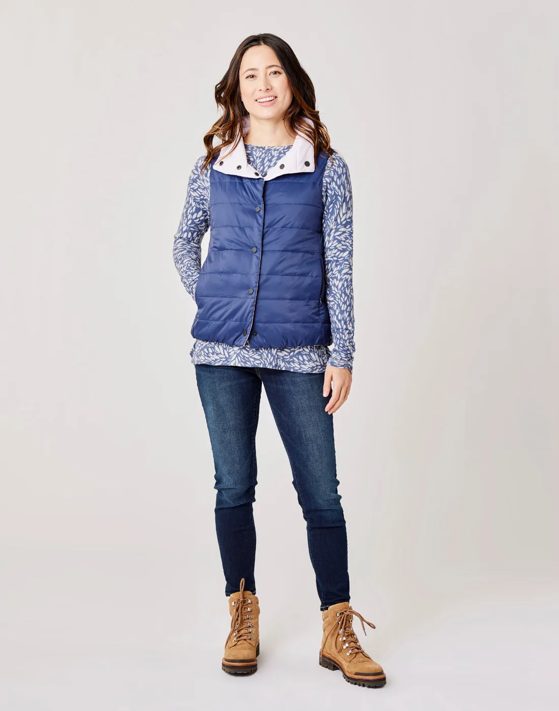 Silverton Reversible Down Vest: Navy/Lavender - FINAL SALE