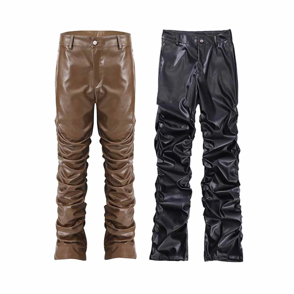 Street Pleated Stacked Slim Straight Pu Leather Pants