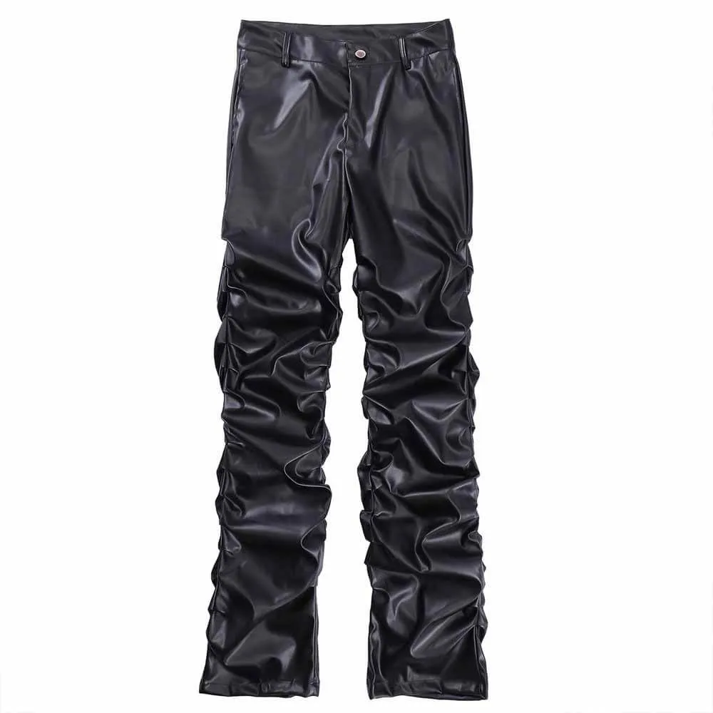 Street Pleated Stacked Slim Straight Pu Leather Pants