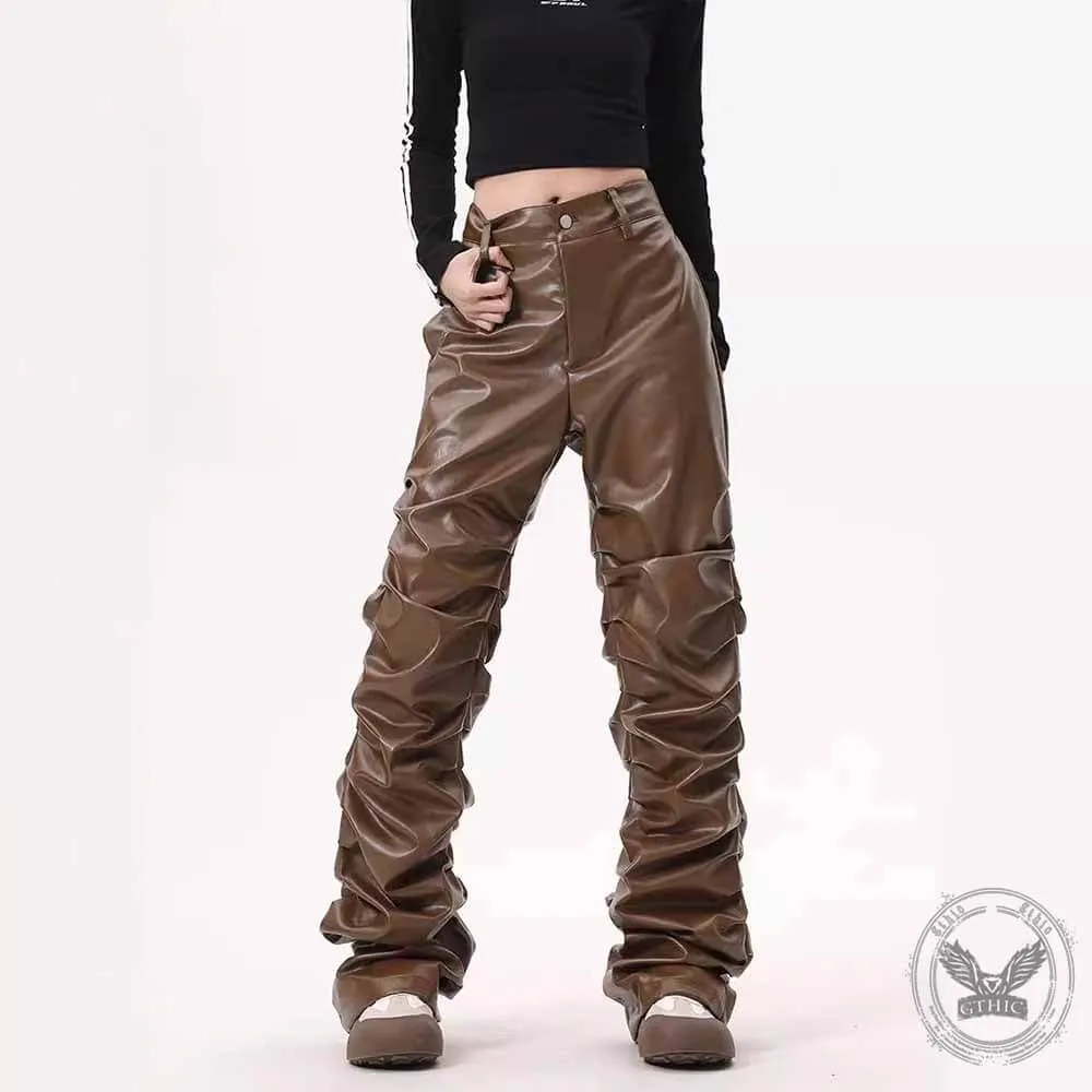 Street Pleated Stacked Slim Straight Pu Leather Pants