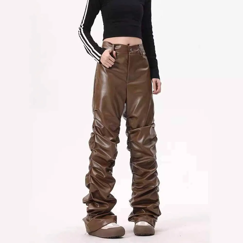 Street Pleated Stacked Slim Straight Pu Leather Pants