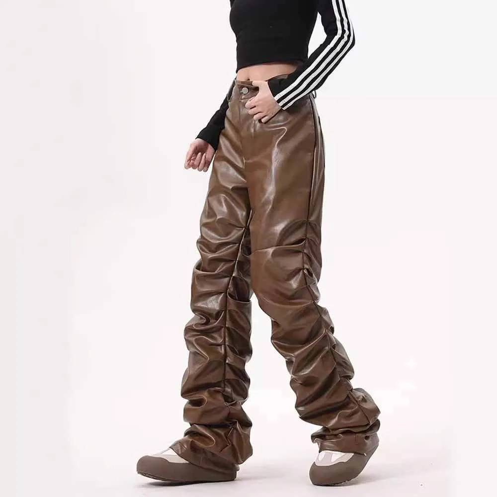 Street Pleated Stacked Slim Straight Pu Leather Pants