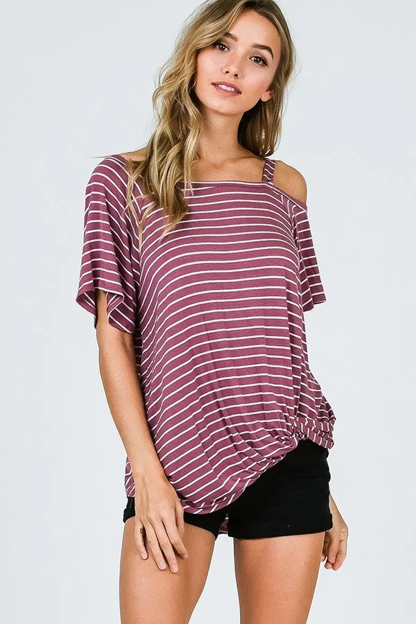 Striped One Shoulder Top With Side Knot - Marsala