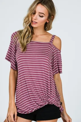 Striped One Shoulder Top With Side Knot - Marsala