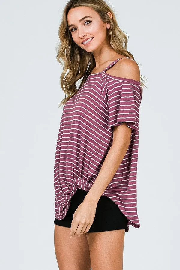 Striped One Shoulder Top With Side Knot - Marsala