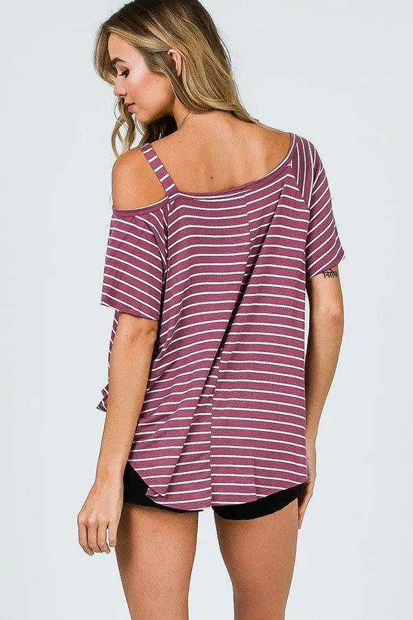 Striped One Shoulder Top With Side Knot - Marsala