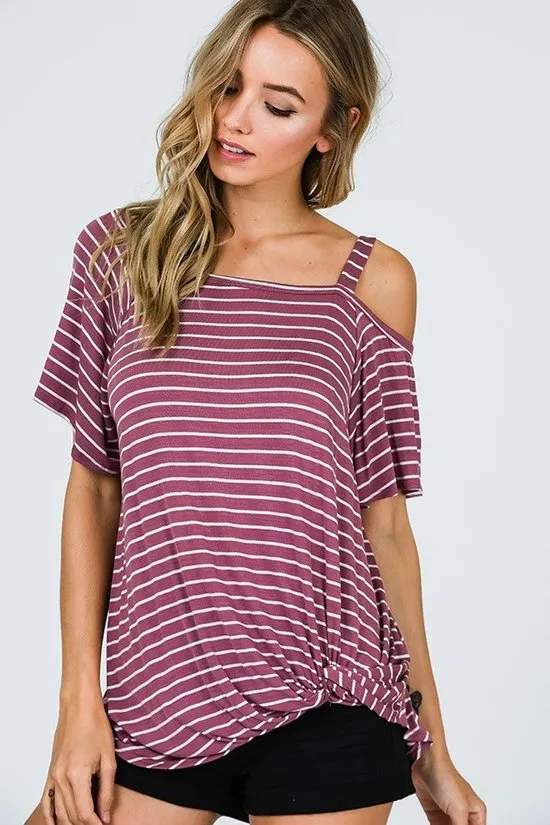 Striped One Shoulder Top With Side Knot - Marsala