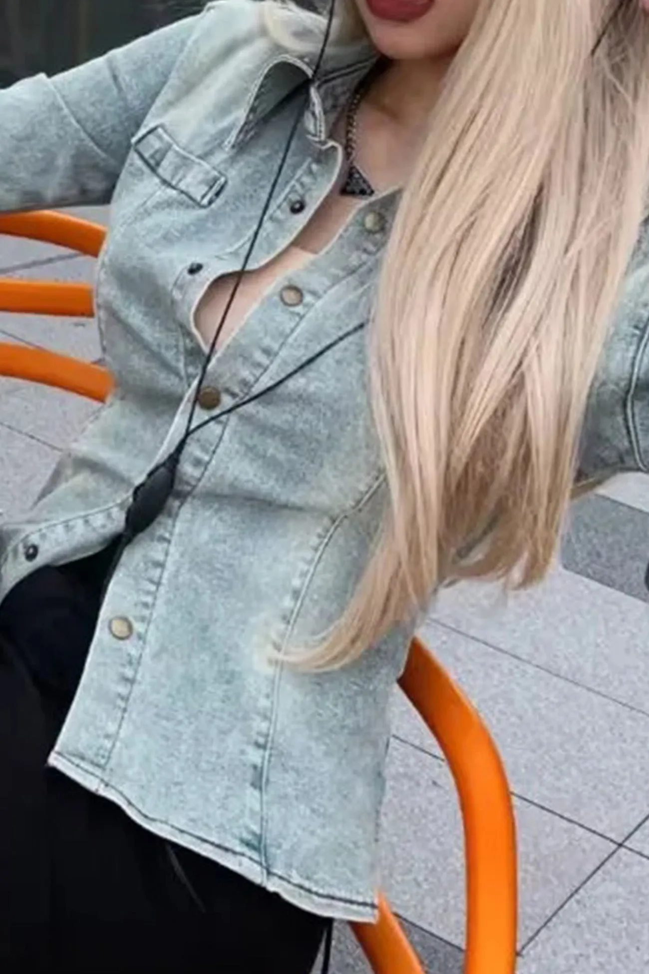 TastyHottie - Lapel Single-breasted Bell Sleeve Denim Blouse