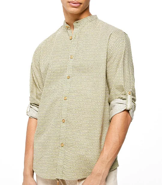 Textured Shirt With Mandarin Collar Dark Khaki