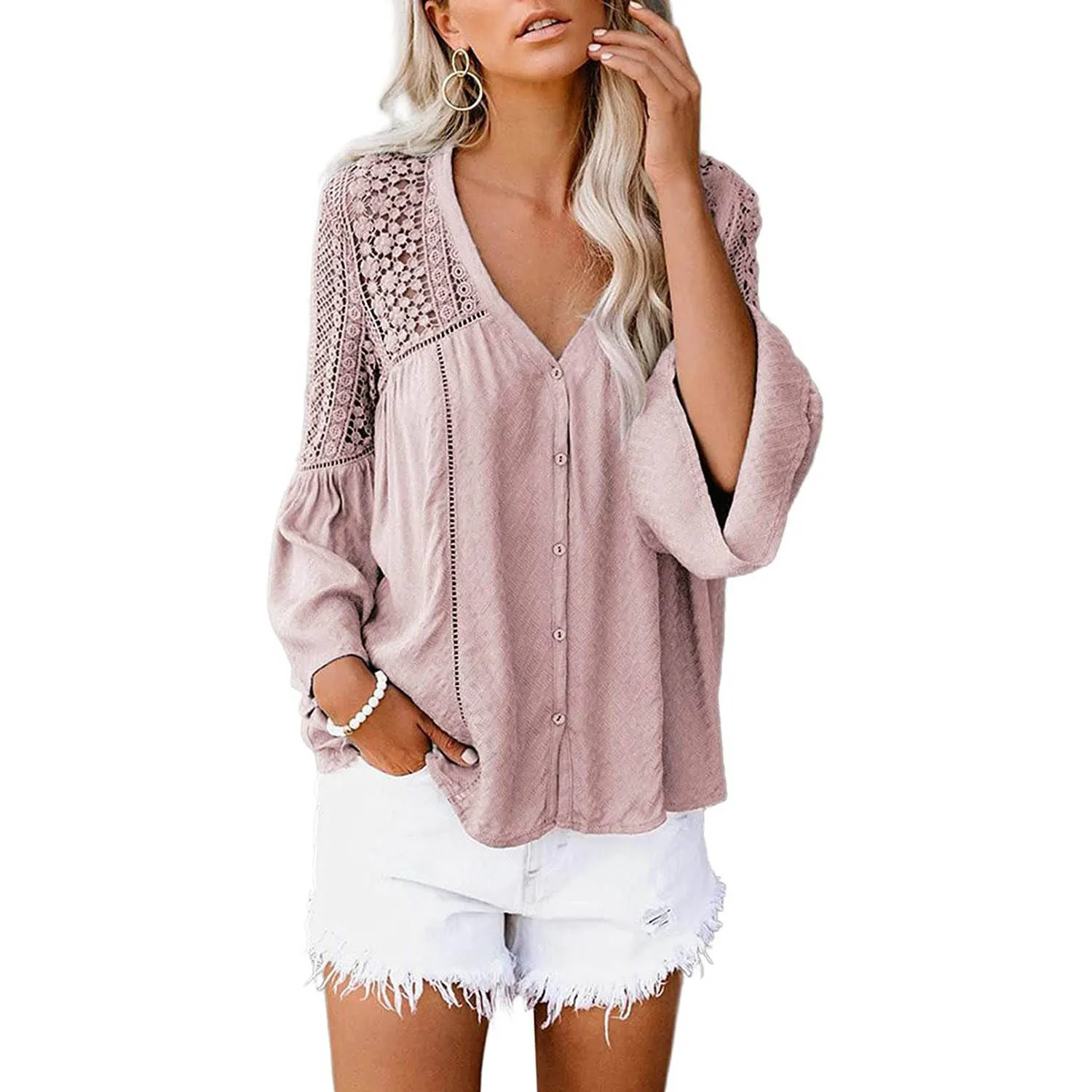 Women's Lace Crochet V Neck 3/4 Sleeve Button Down Blouses Casual Shirts Tops