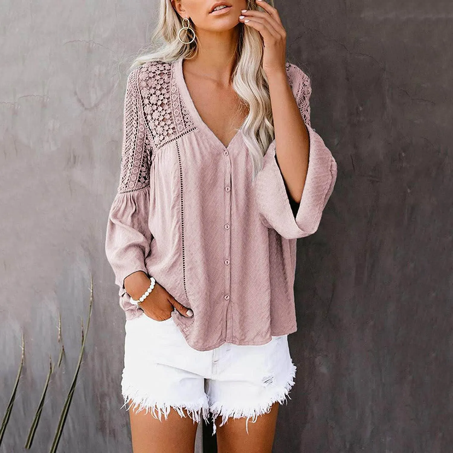 Women's Lace Crochet V Neck 3/4 Sleeve Button Down Blouses Casual Shirts Tops