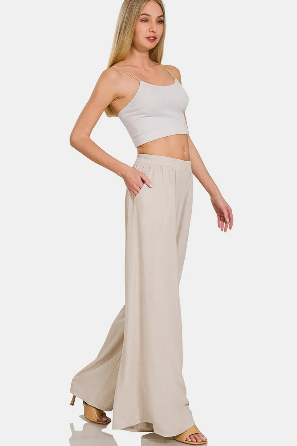 Women's Zenana Pleated Linen Blend Wide Leg Pants