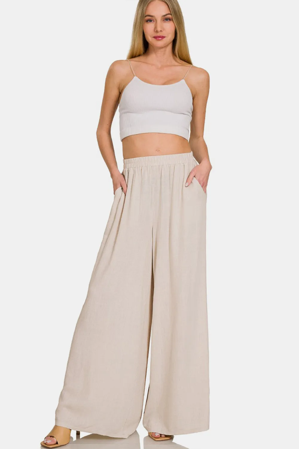 Women's Zenana Pleated Linen Blend Wide Leg Pants